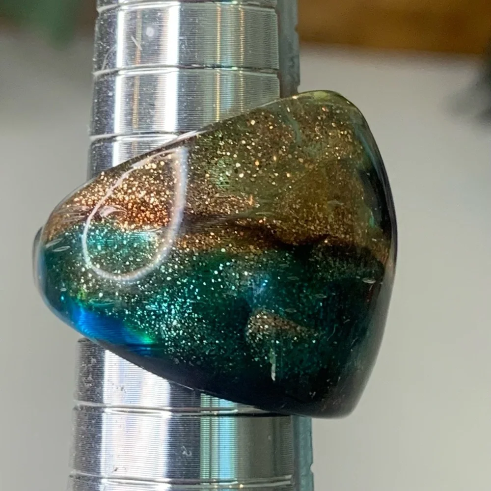 Vintage Murano Style Solid Glass Hand Blown Blue Gold Foil Artisan Ring Size 6